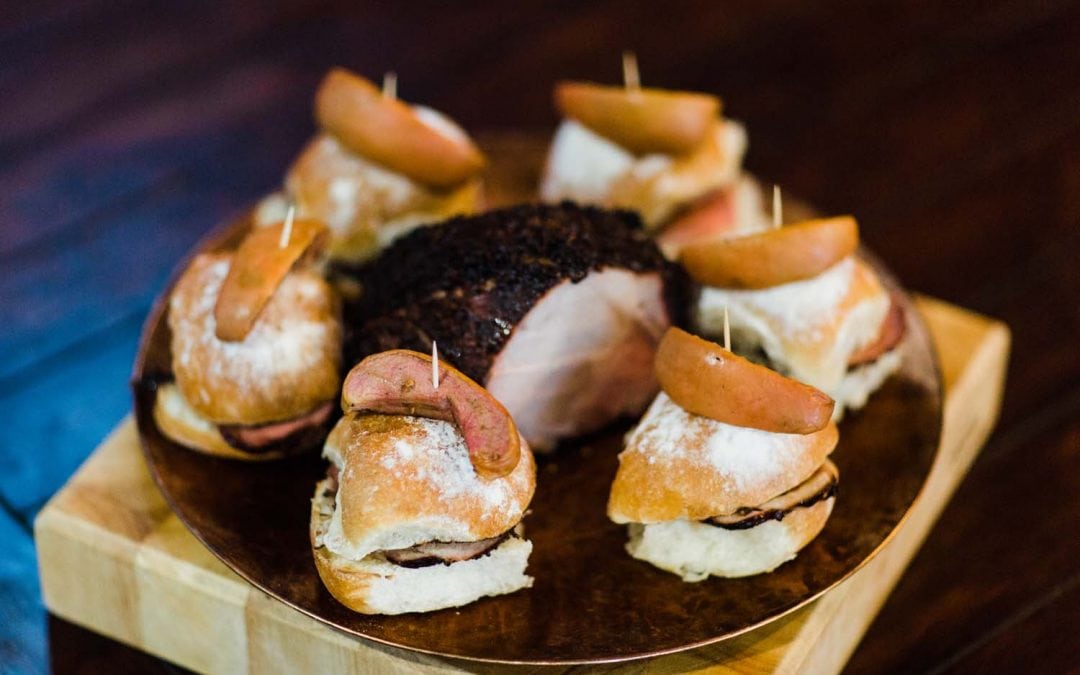 Apple Smoked Pork Shoulder Sliders with Huckleberry BBQ Sauce and Cedar Smoked Apples