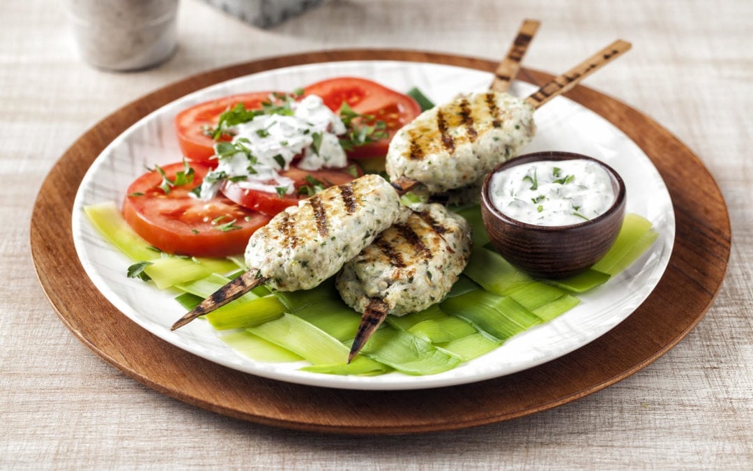 Rainbow Trout and Green Olive Skewers with Cucumber Dill Sauce