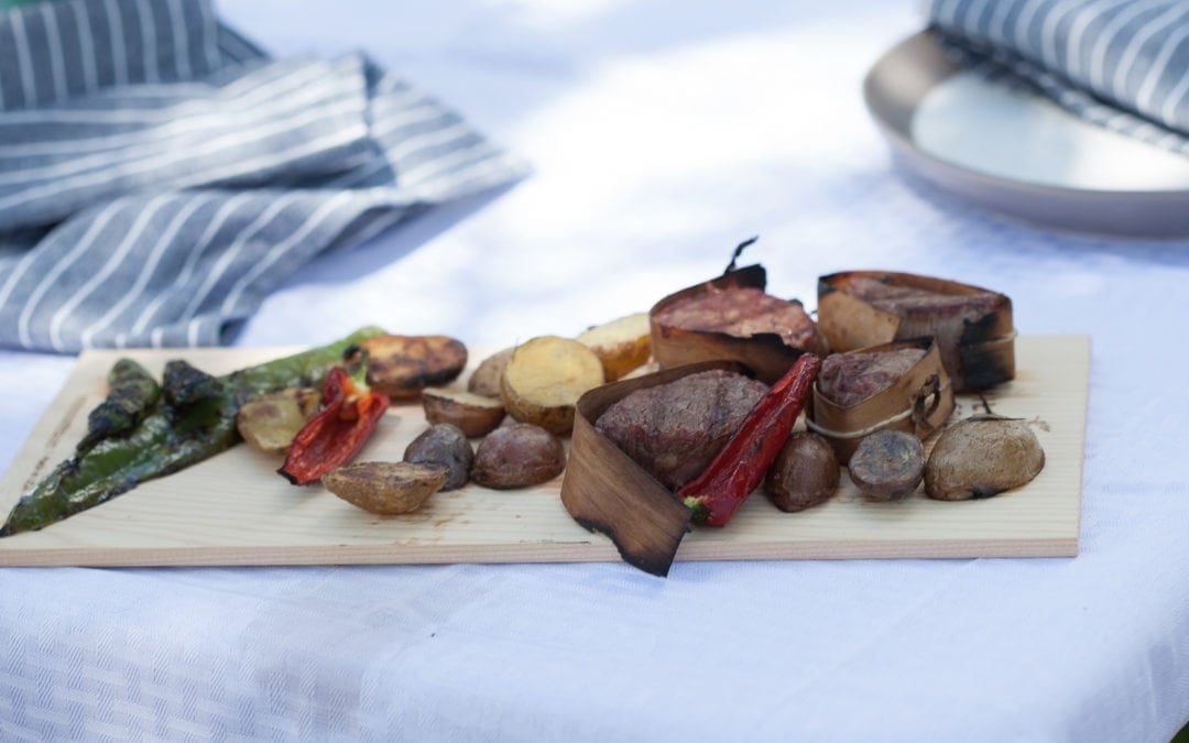 Cedar Wrapped Beef Shoulder Tenders with Grilled Potato and Chiles