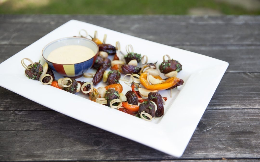Cedar Smoked Garlic, Peppers, and White Anchovy Skewers