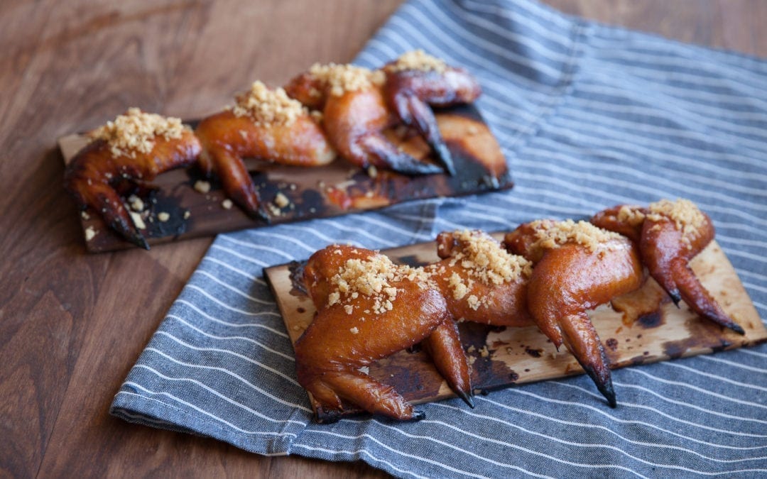Maple Planked Sweet and Spicy Crispy Onion Wings