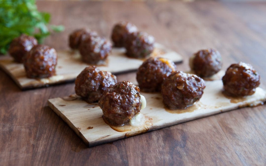 Hickory Planked Cheese Stuffed Meatballs