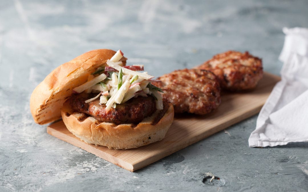 Hickory Planked Pork Burger with BBQ Glaze and Apple Slaw