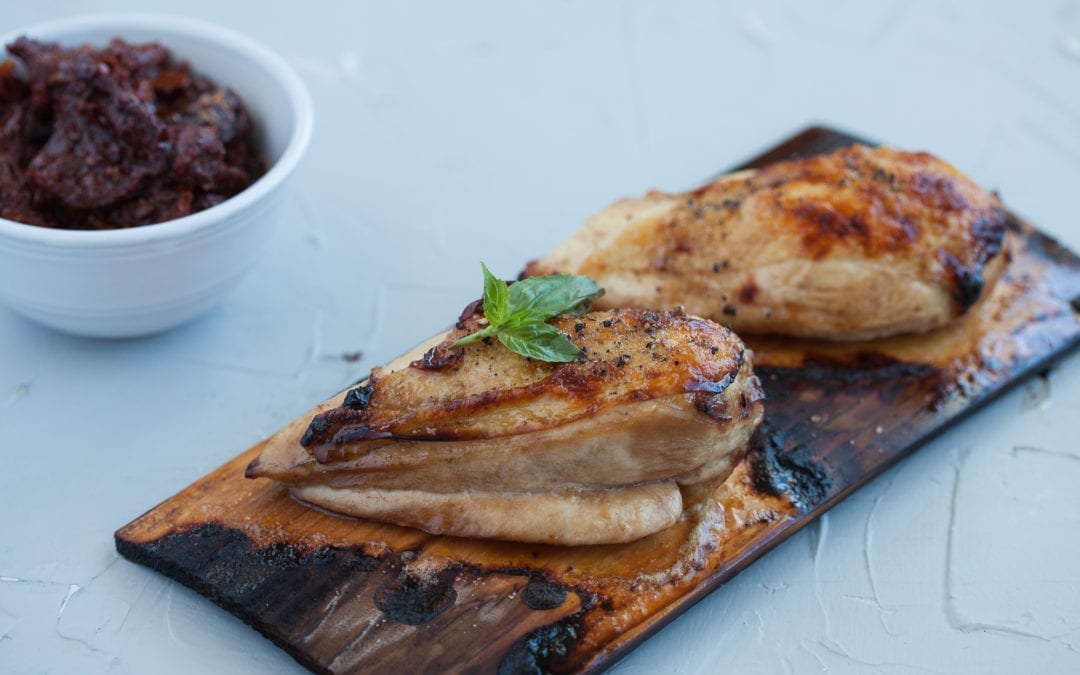 Cedar Planked and Balsamic Marinated Chicken with Sundried Tomato and Basil