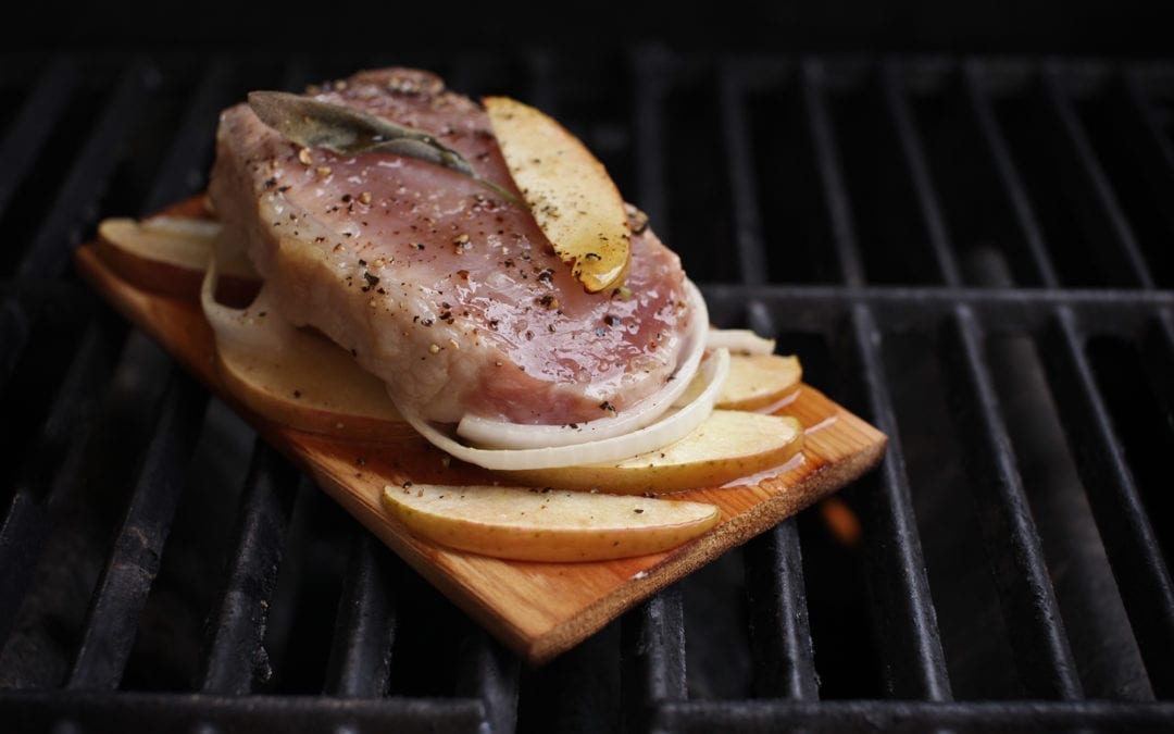 Cedar Planked Pork Chops with Apples, Onions and Sage