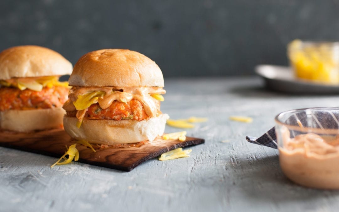 Cedar Planked Salmon Burger with Saffron Pickled Fennel
