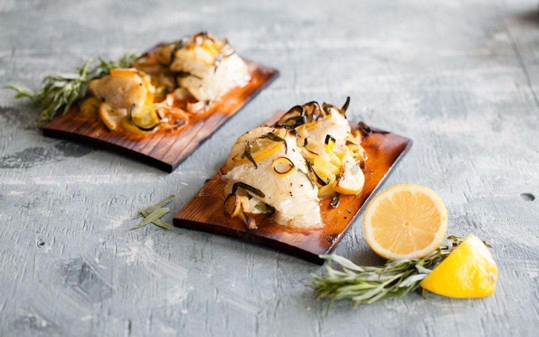Cedar Planked Halibut Cheeks with Leeks, Lemon and Tarragon