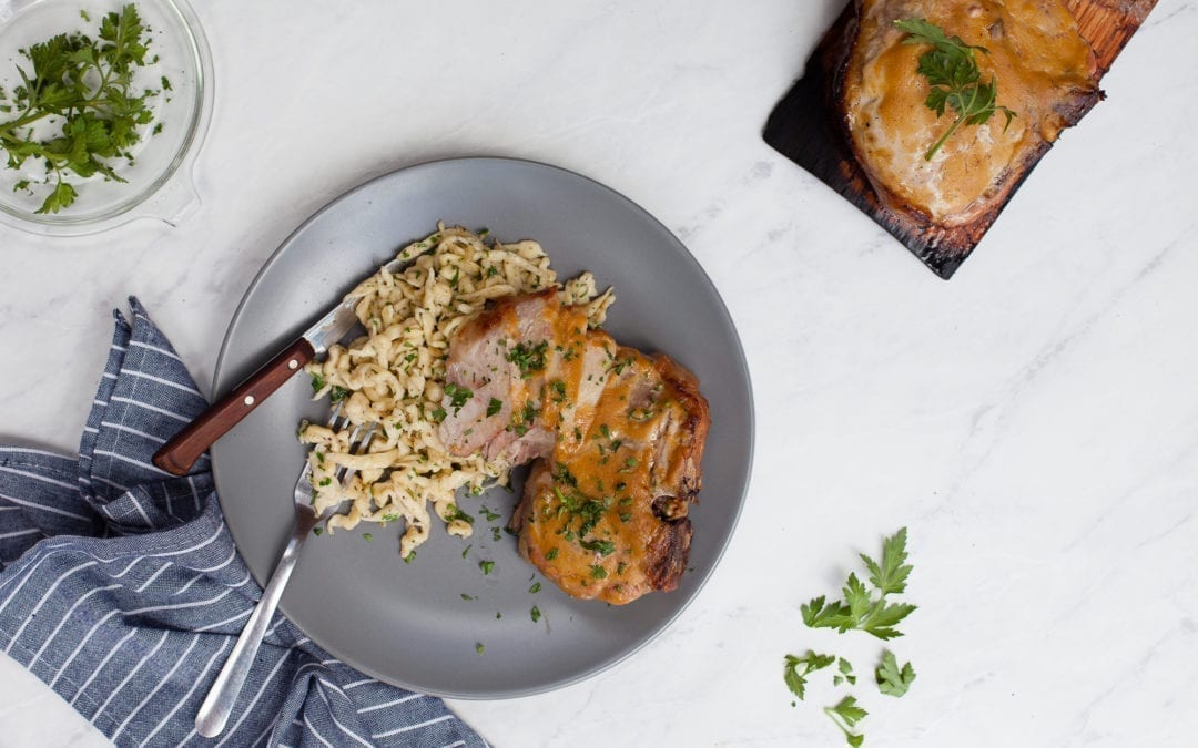 Red Oak Planked Pork Chops with Spaetzle