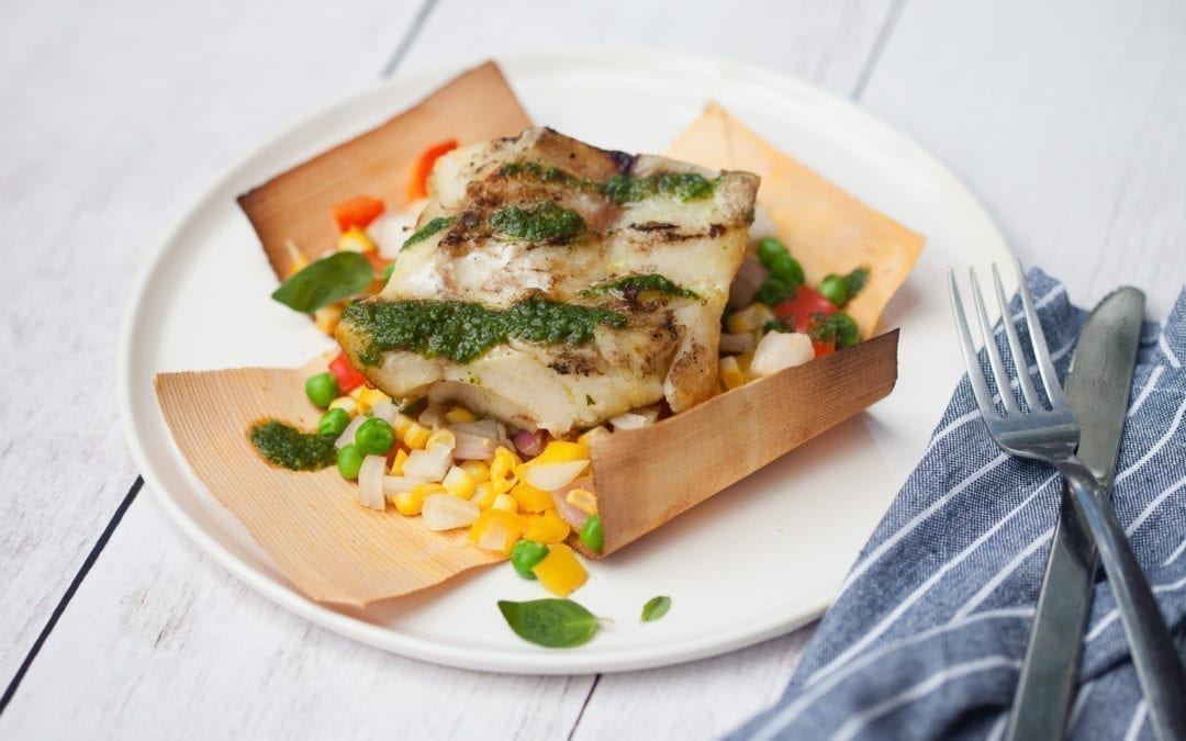 Grilled Cod with Cedar Wrapped Succotash and Garden Pesto