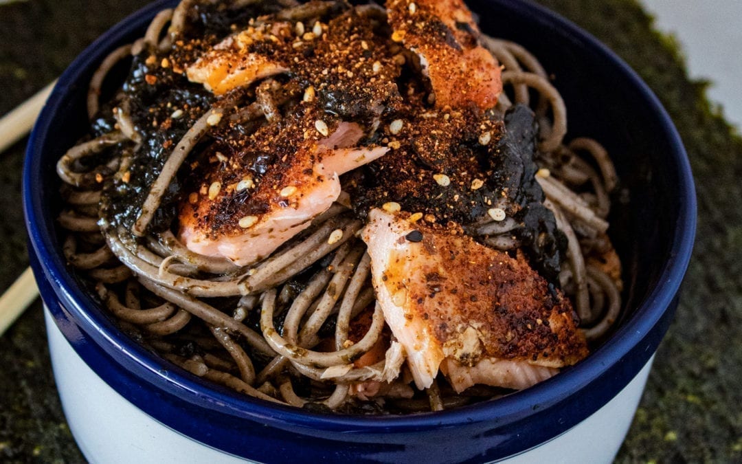 Cedar Planked Togarashi Salmon with Nori Pesto