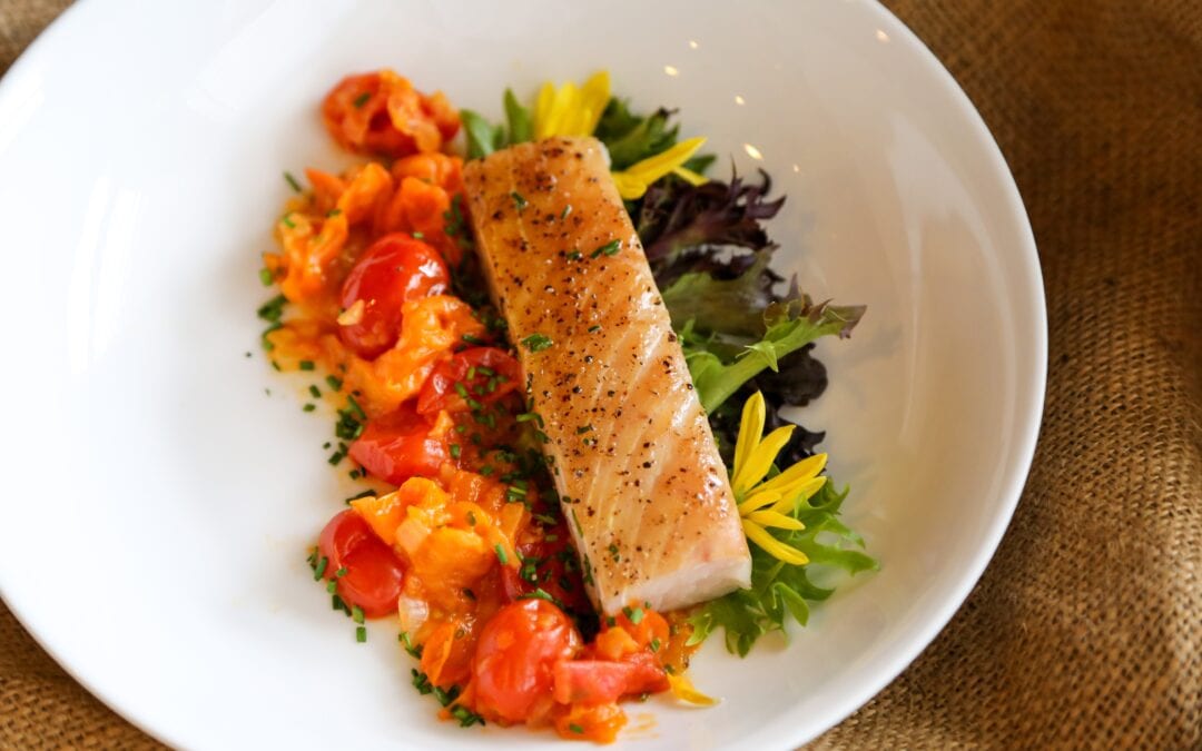 Smoked Halibut with a Cherry Tomato Vinaigrette Salad